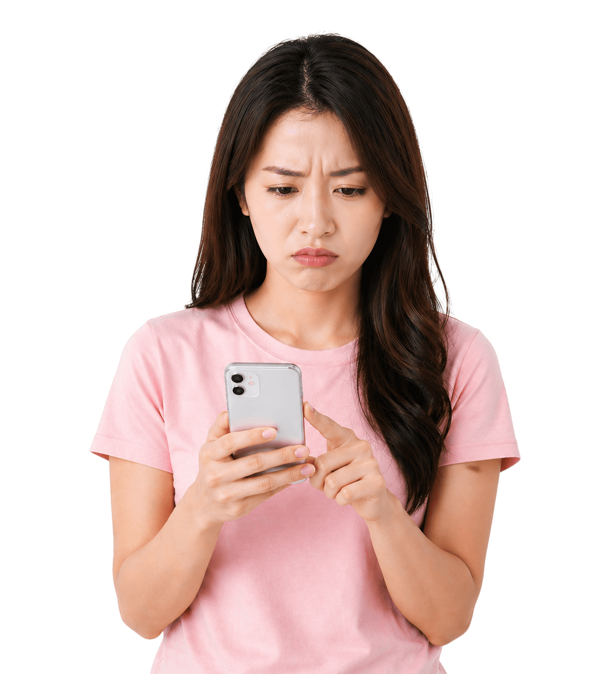 Woman looking frustrated while using a dating app