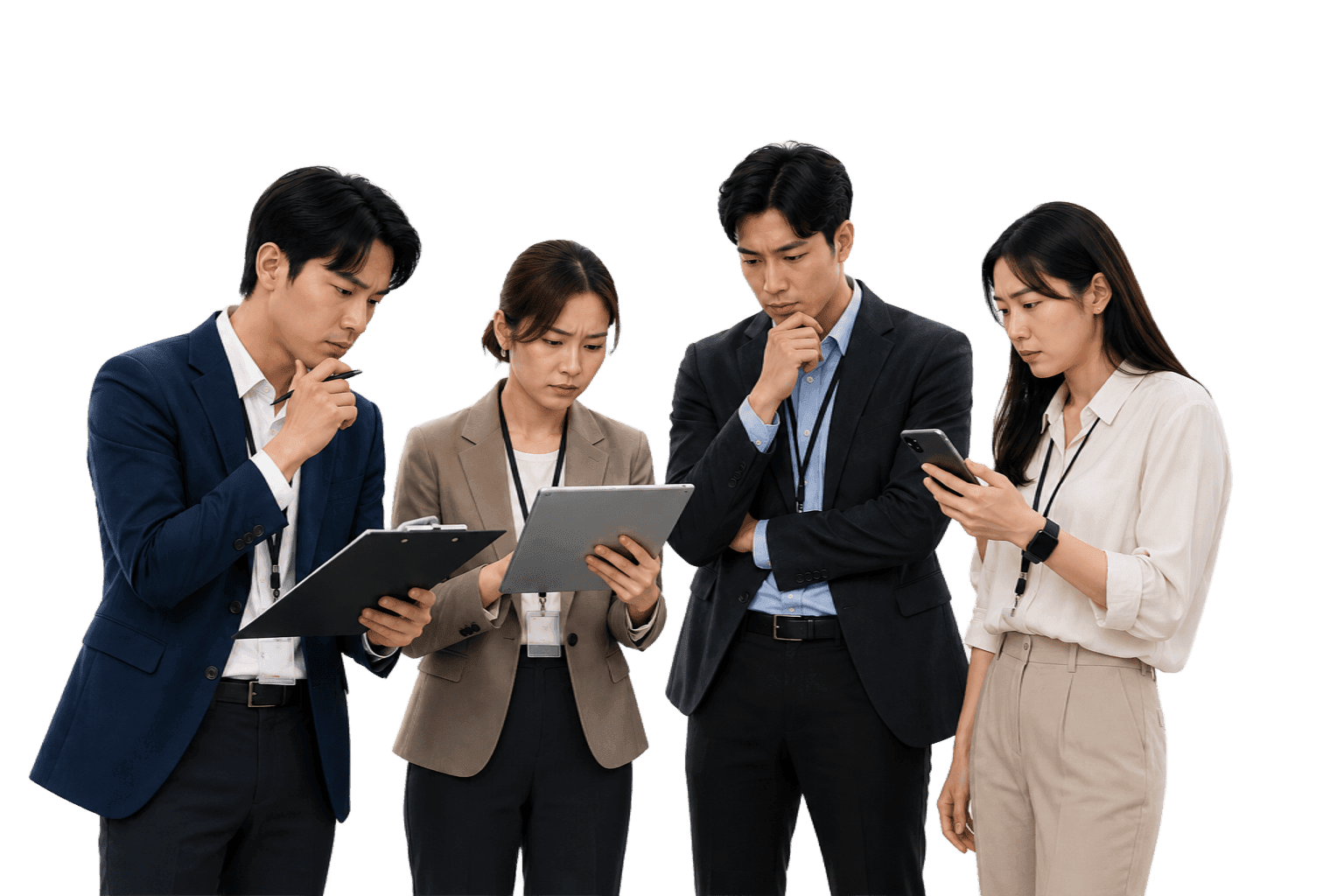 Event organizers looking concerned while checking their devices