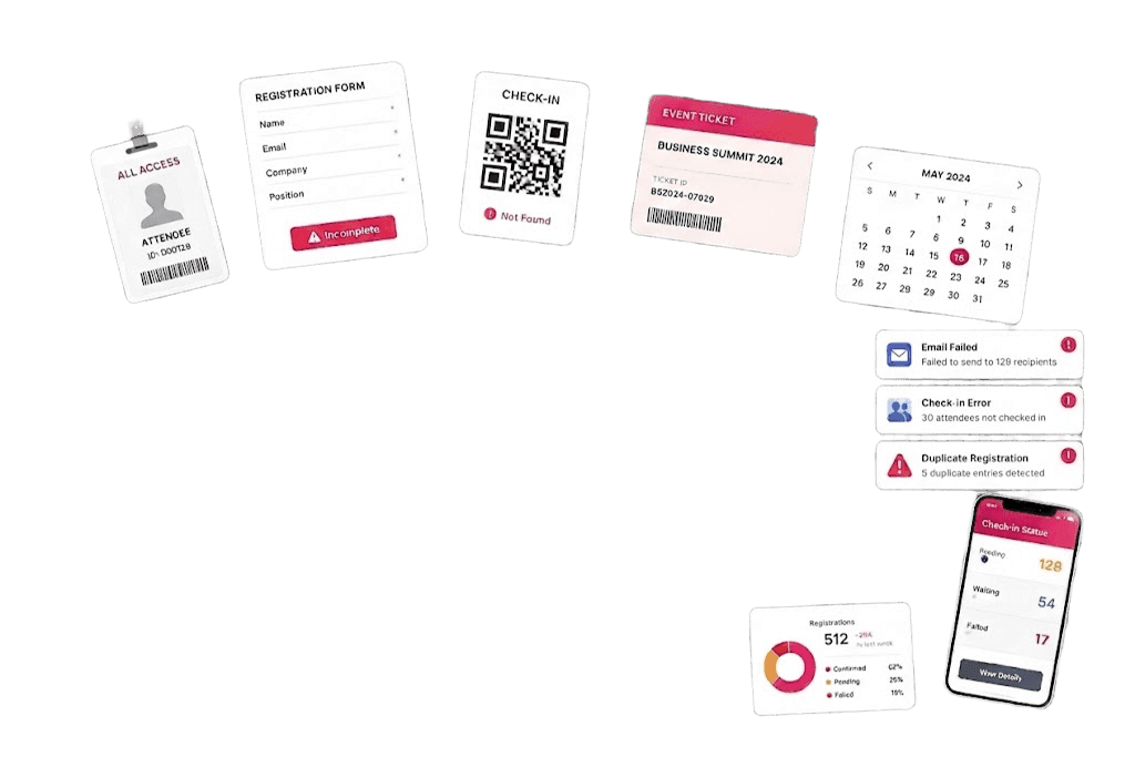 Scattered event management UI: registration forms, check-in errors, failed emails, dashboards