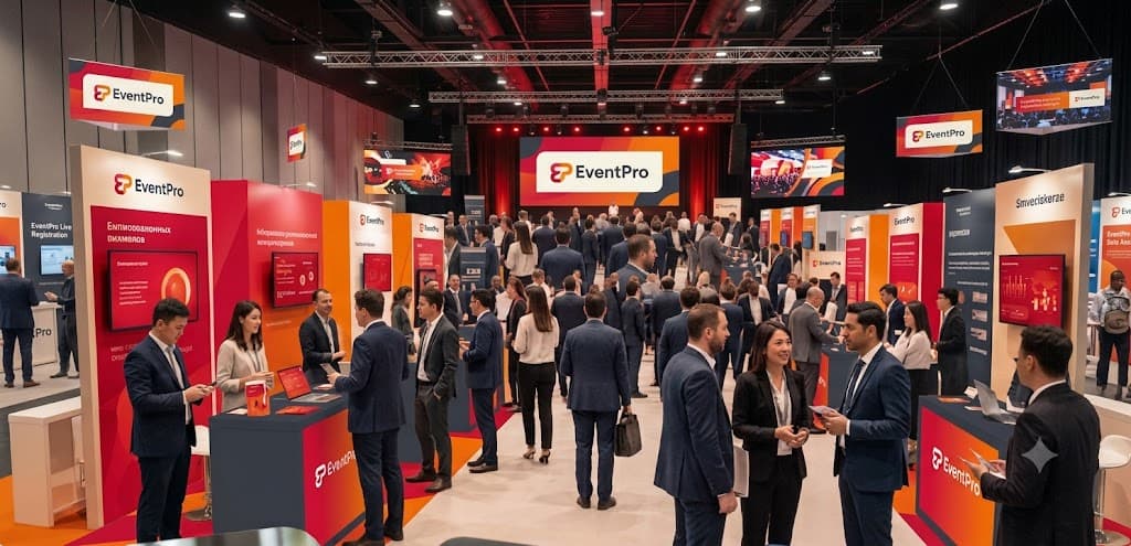 EventPro expo hall with attendees networking at branded booths